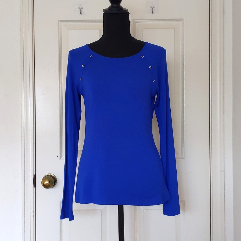 The Limited Rayon/Spandex electric blue long sleeve top with gold buttons.